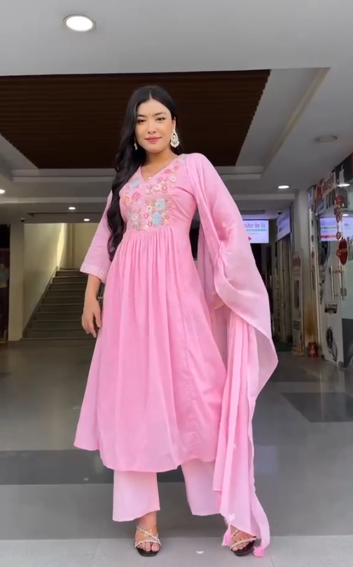 Light Pink Premium A-Line Kurti Pant Dupatta Set