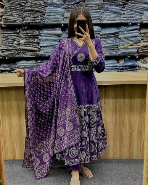Purple Pure Malmal Cotton Bandhej Print Kurti