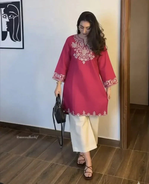 Pink Embroidered Kurta Pant Set for Women