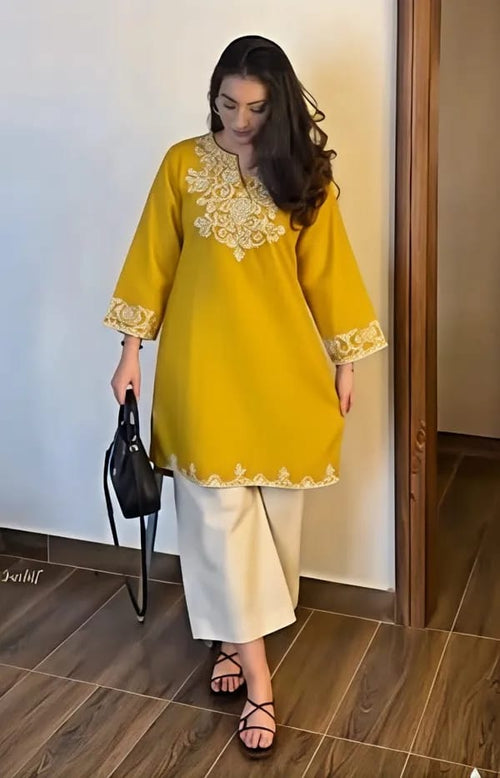 Yellow Embroidered Kurta Pant Set for Women