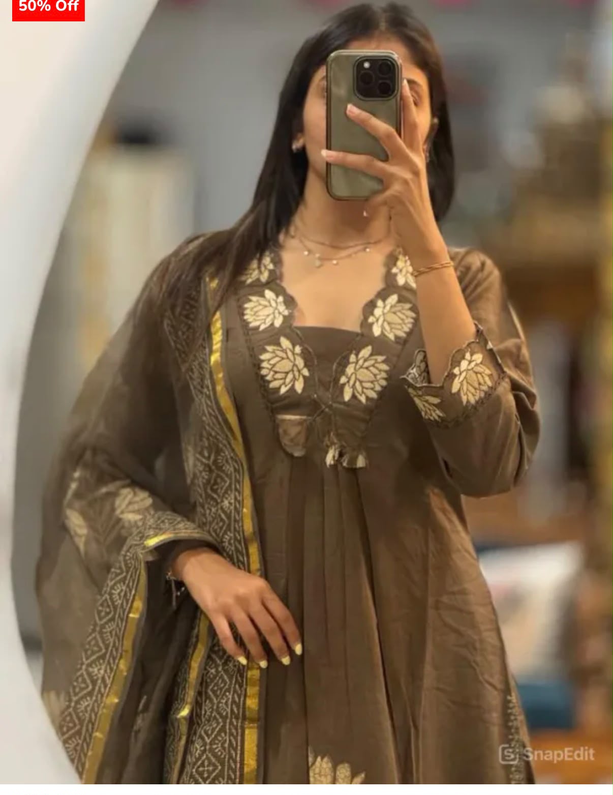 Elegant Brown Ethnic Kurta Pant Suit with Floral Embroidery