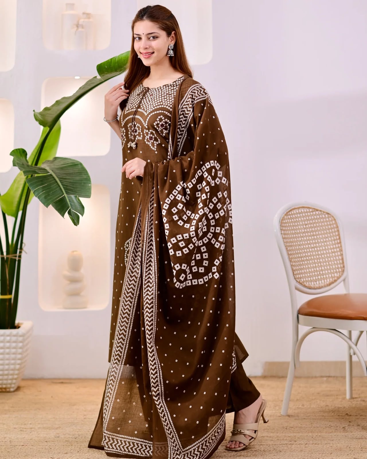 Chocolate Brown Bandhani Print Kurta Pant Set