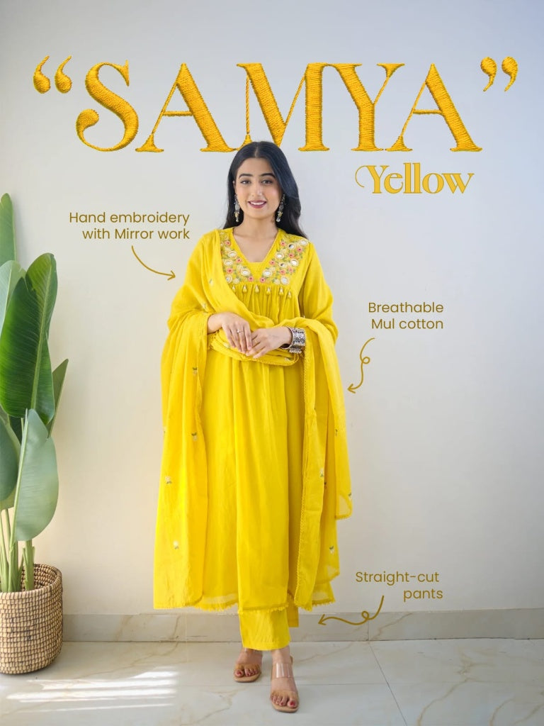 Yellow Mirror Work Festive Kurta Set with Tassels for Women