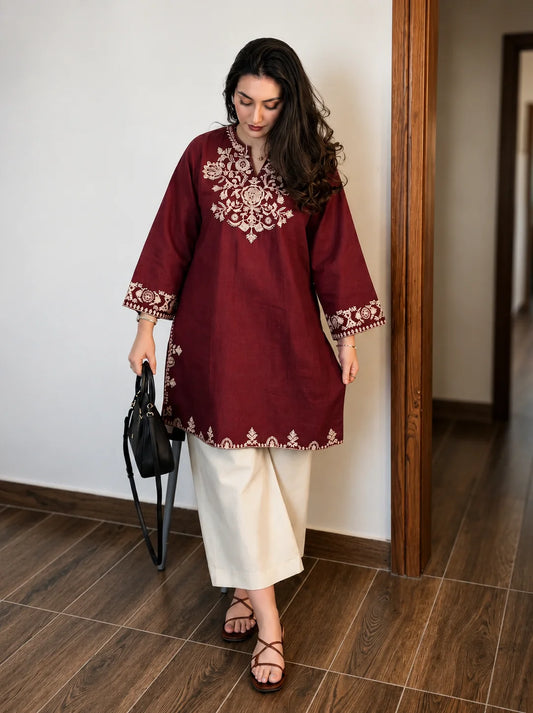 Maroon Embroidered Kurta Pant Set for Women