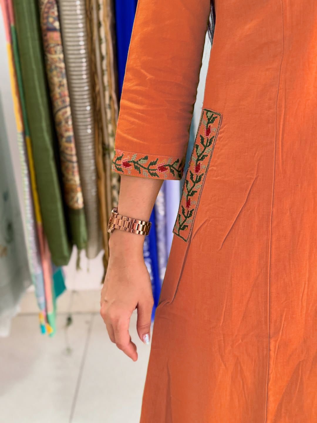 Elegant Orange Cotton Embroidered Kurta Set