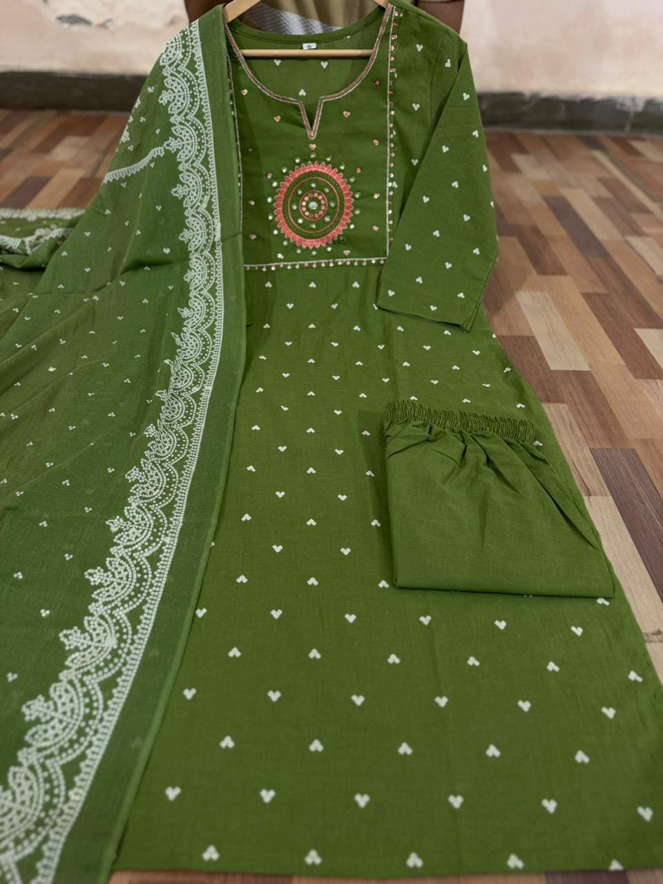 Graceful Green Cotton Embroidered Suit Set with Dupatta