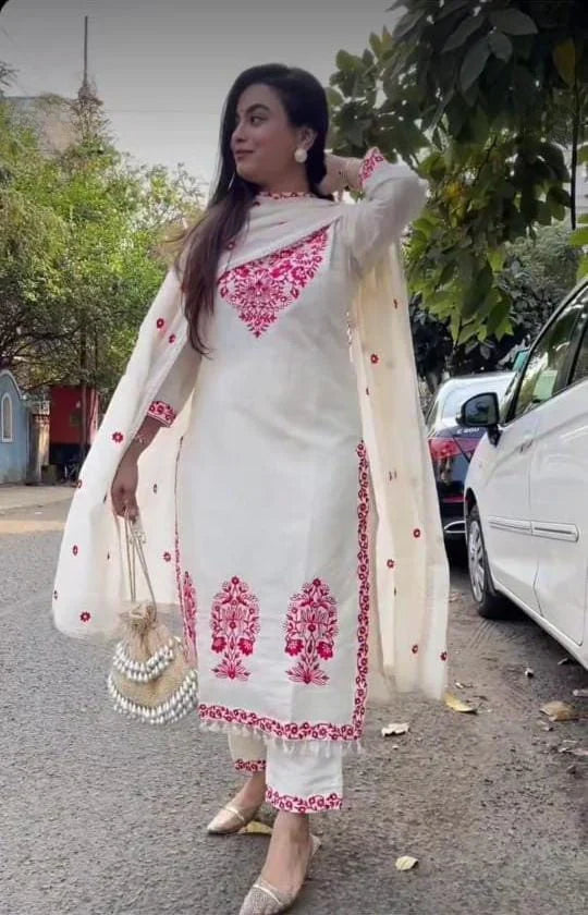 White Embroidered Cotton Kurta and Pant Set with Dupatta