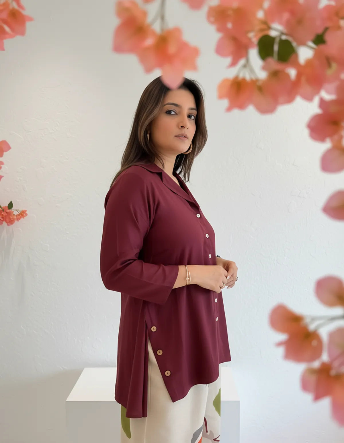 Priyas Burgandy Top with Printed Stylish Pants