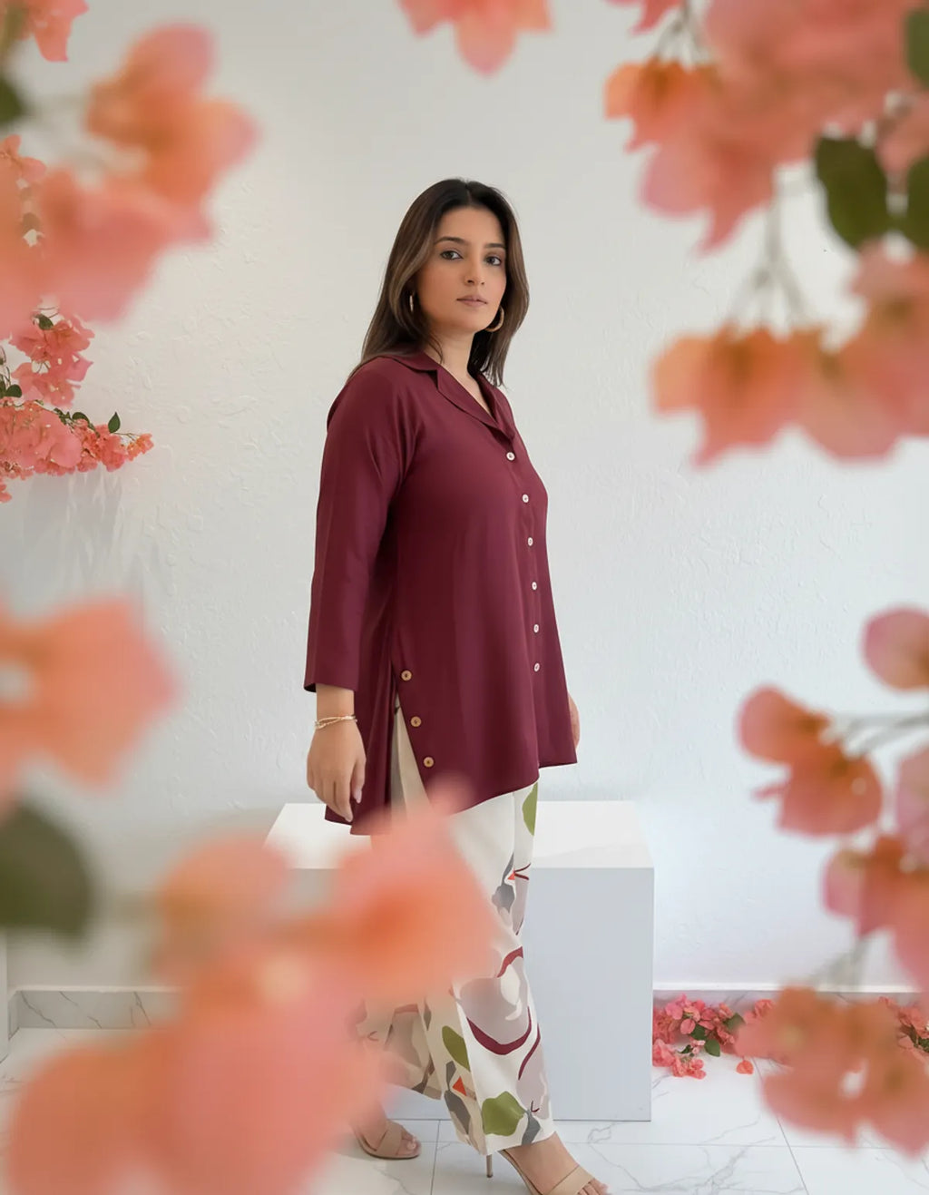 Priyas Burgandy Top with Printed Stylish Pants