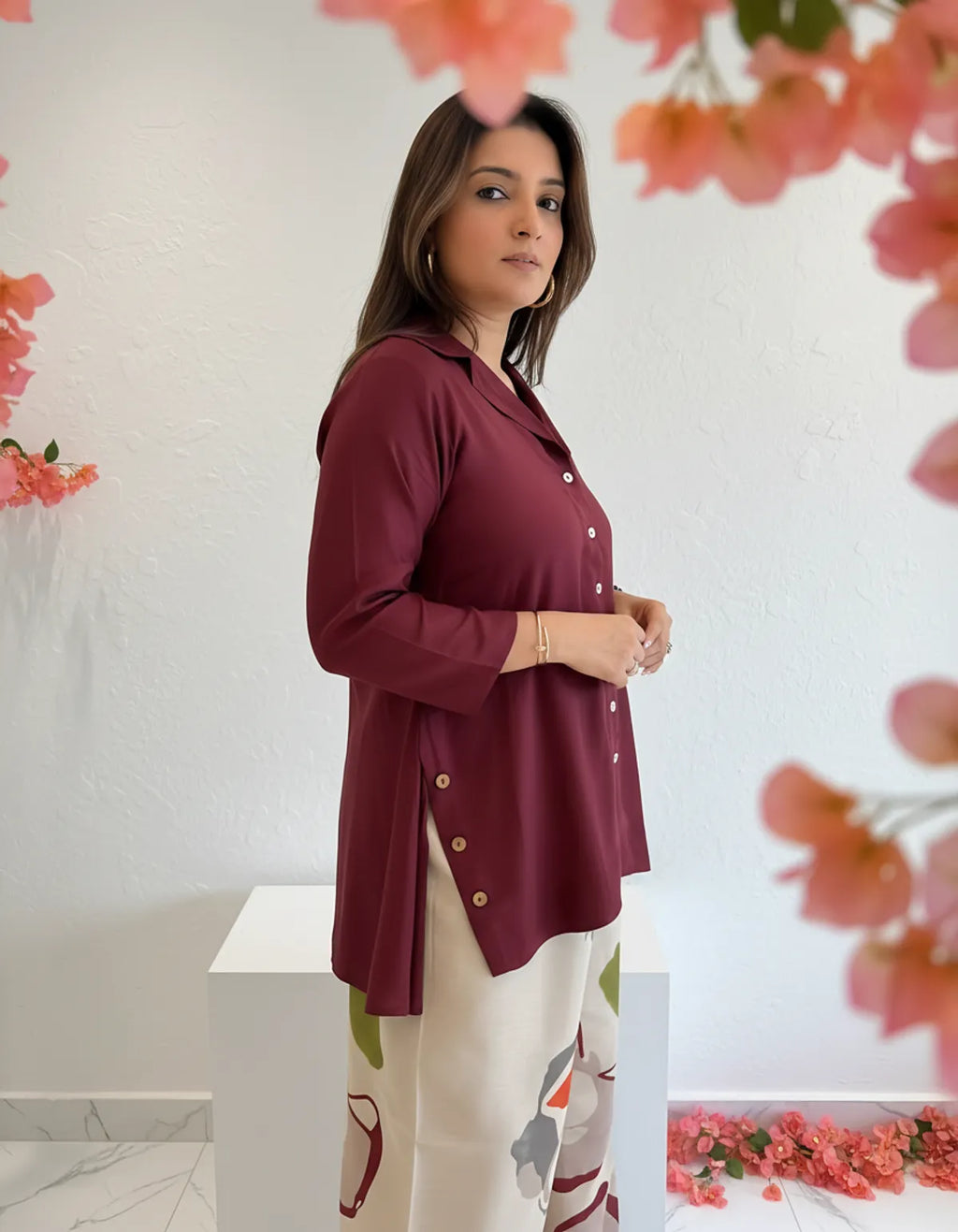 Priyas Burgandy Top with Printed Stylish Pants