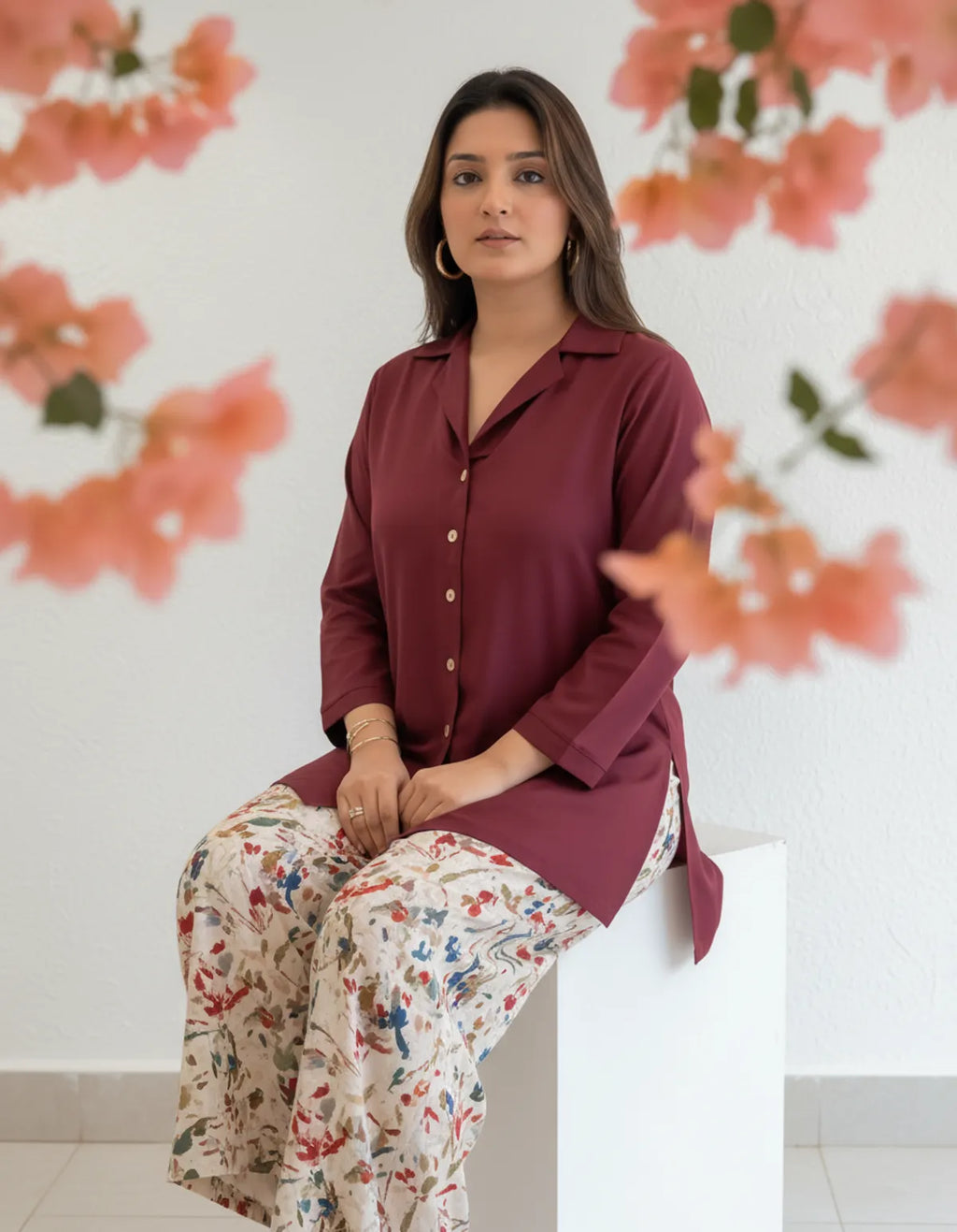 Priyas Burgandy Top with Printed Stylish Pants