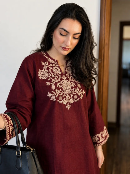 Maroon Embroidered Kurta Pant Set for Women
