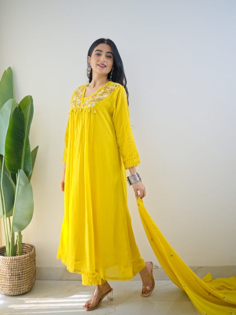 Yellow Mirror Work Festive Kurta Set with Tassels for Women