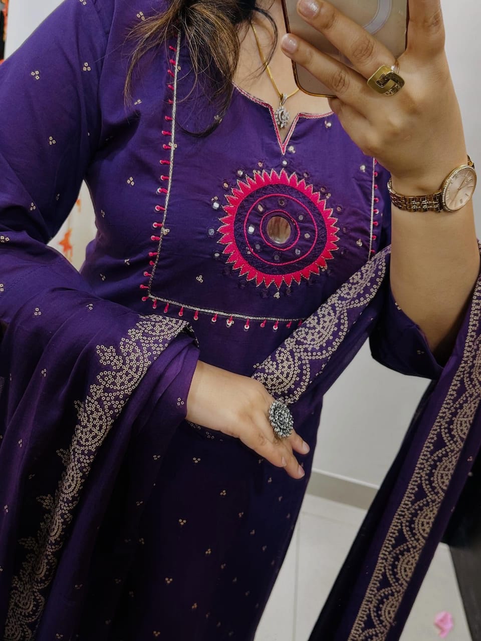 Elegant Purple Cotton Embroidered Suit Set with Dupatta