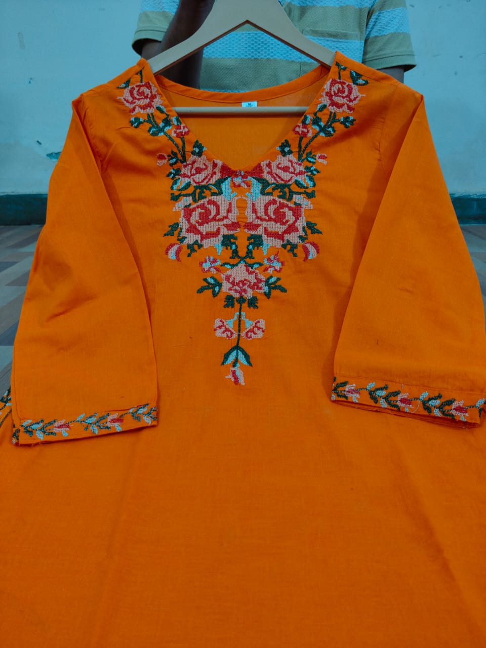 Elegant Orange Cotton Embroidered Kurta Set