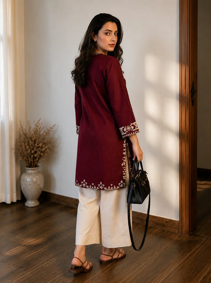Maroon Embroidered Kurta Pant Set for Women