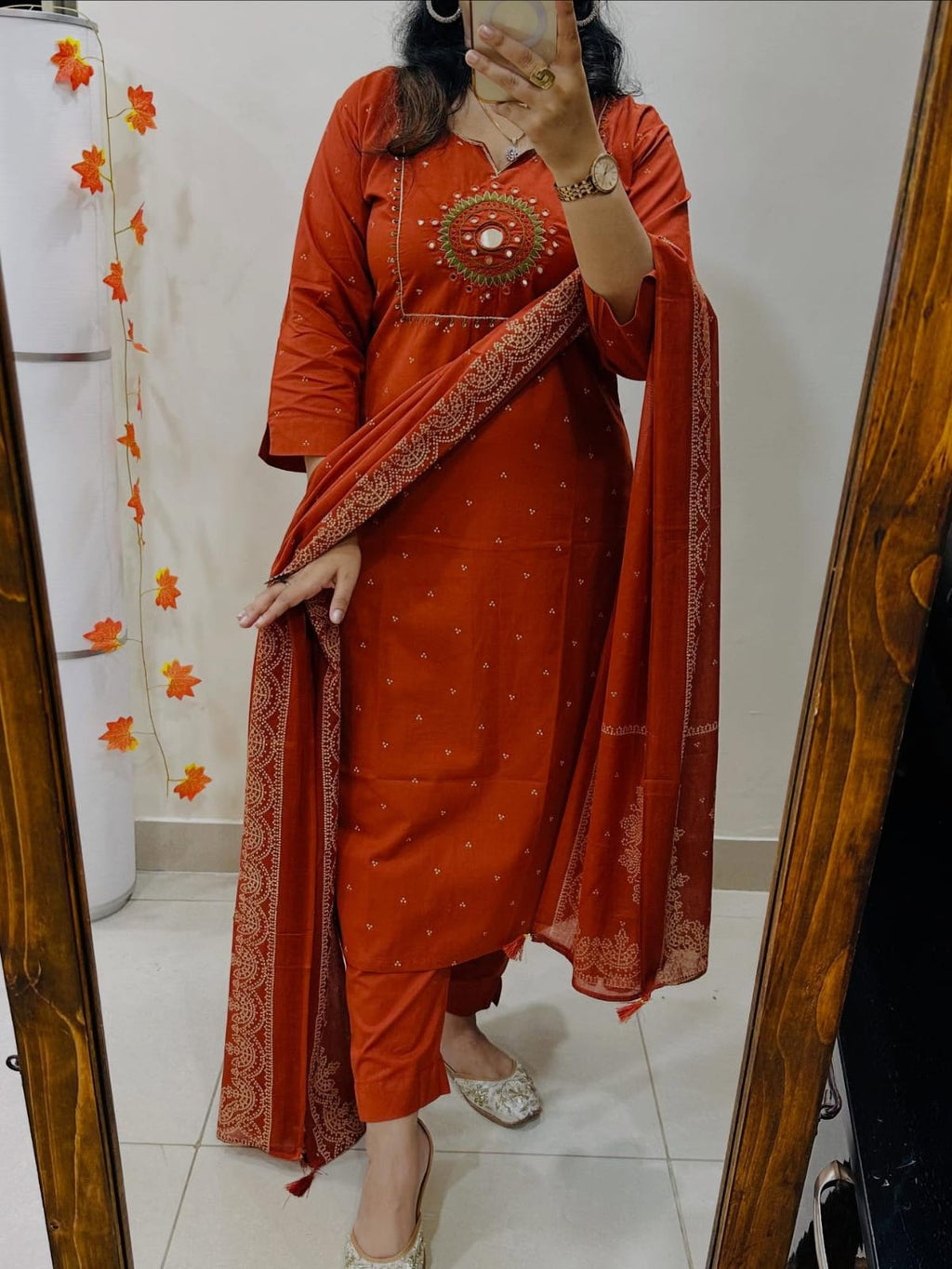 Vibrant Orange Cotton Embroidered Suit Set with Dupatta