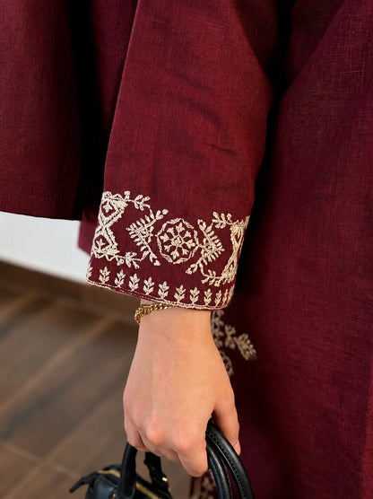 Maroon Embroidered Kurta Pant Set for Women