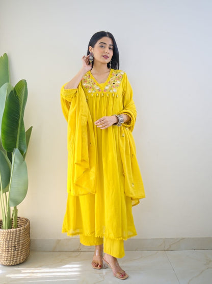 Yellow Mirror Work Festive Kurta Set with Tassels for Women