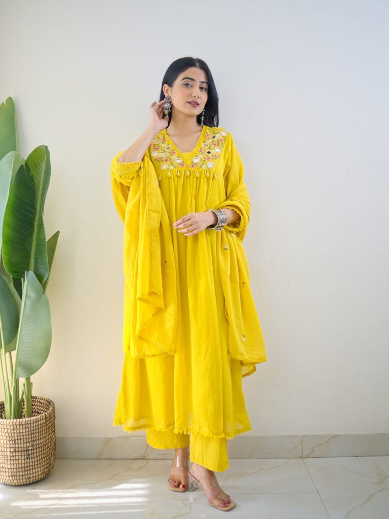 Yellow Mirror Work Festive Kurta Set with Tassels for Women