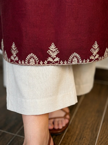 Maroon Embroidered Kurta Pant Set for Women