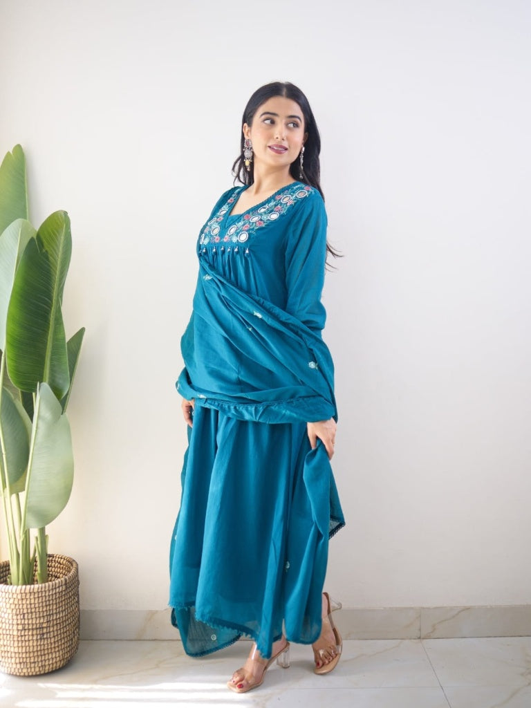 Teal Blue Mirror Work Festive Kurta Set with Tassels for Women