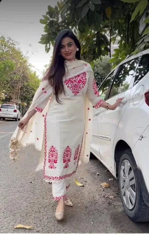 White Embroidered Cotton Kurta and Pant Set with Dupatta