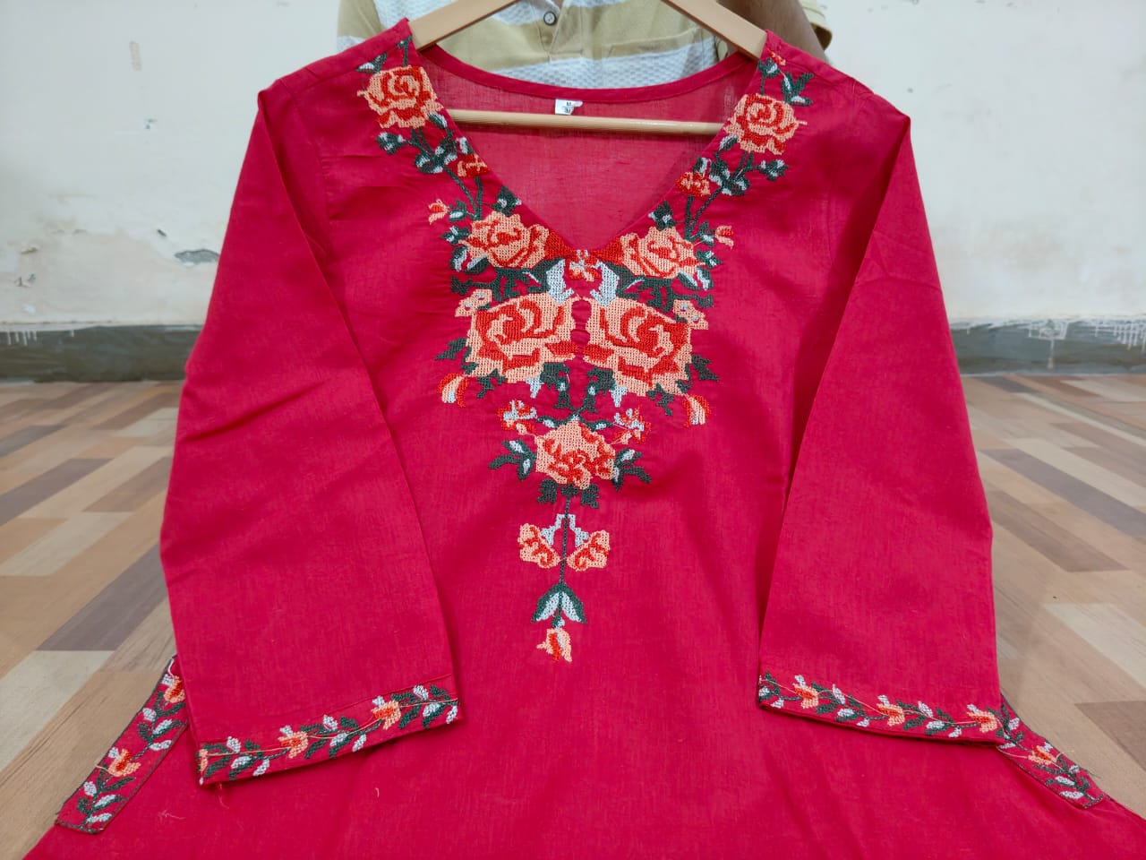 Red Cotton Embroidered Kurta Set