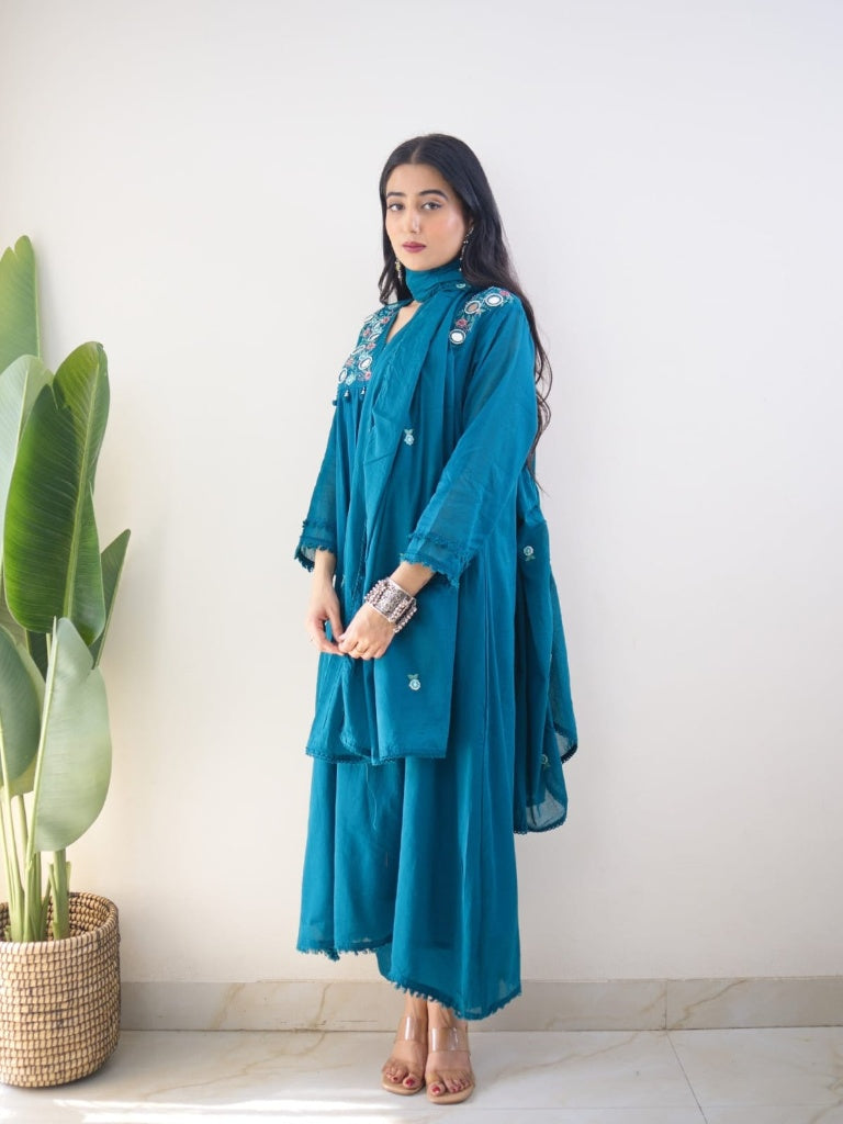 Teal Blue Mirror Work Festive Kurta Set with Tassels for Women