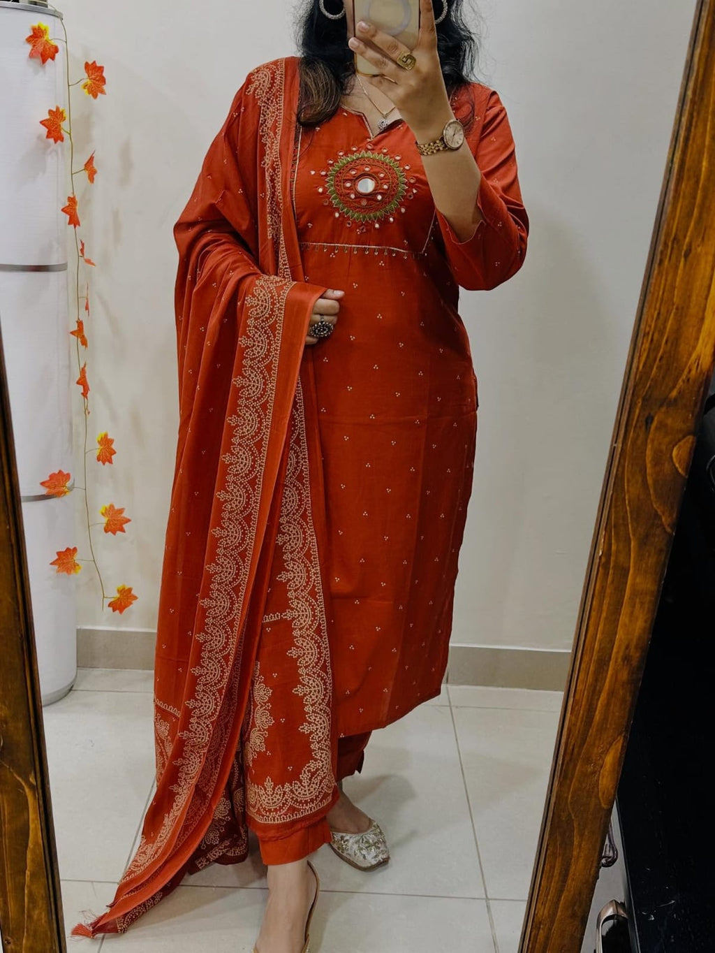 Vibrant Orange Cotton Embroidered Suit Set with Dupatta