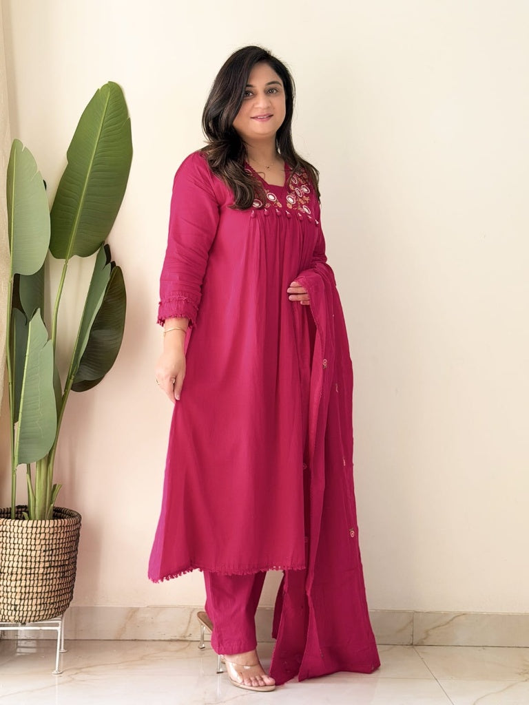 Magenta Pink Embroidered Kurta Set with Mirror Work Festive Suit for Women
