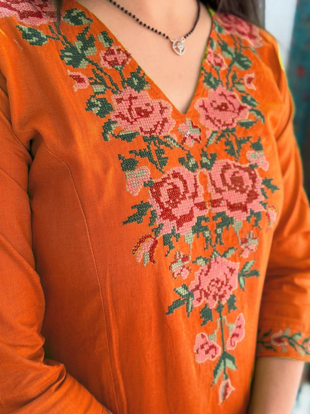 Elegant Orange Cotton Embroidered Kurta Set