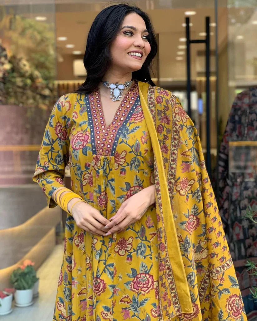 Floral Printed Cotton Kurta and Pant Set with Mulmul Dupatta