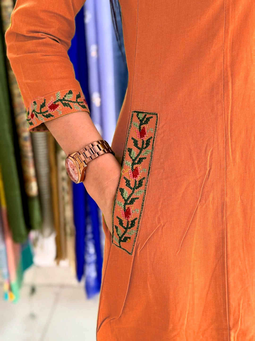 Elegant Orange Cotton Embroidered Kurta Set