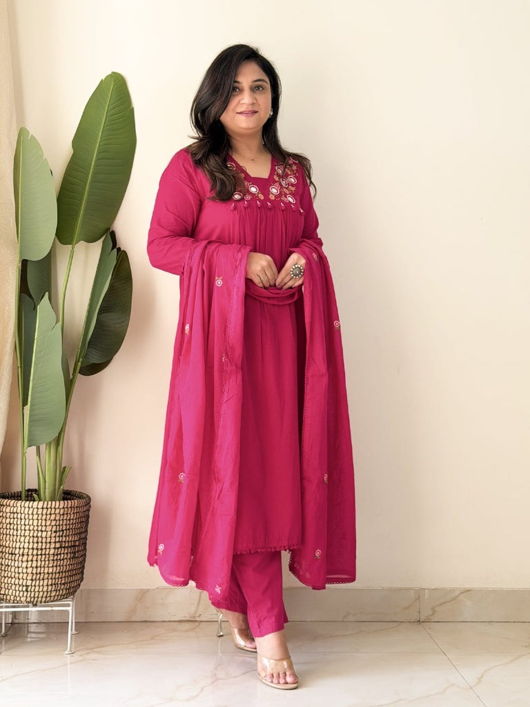 Magenta Pink Embroidered Kurta Set with Mirror Work Festive Suit for Women