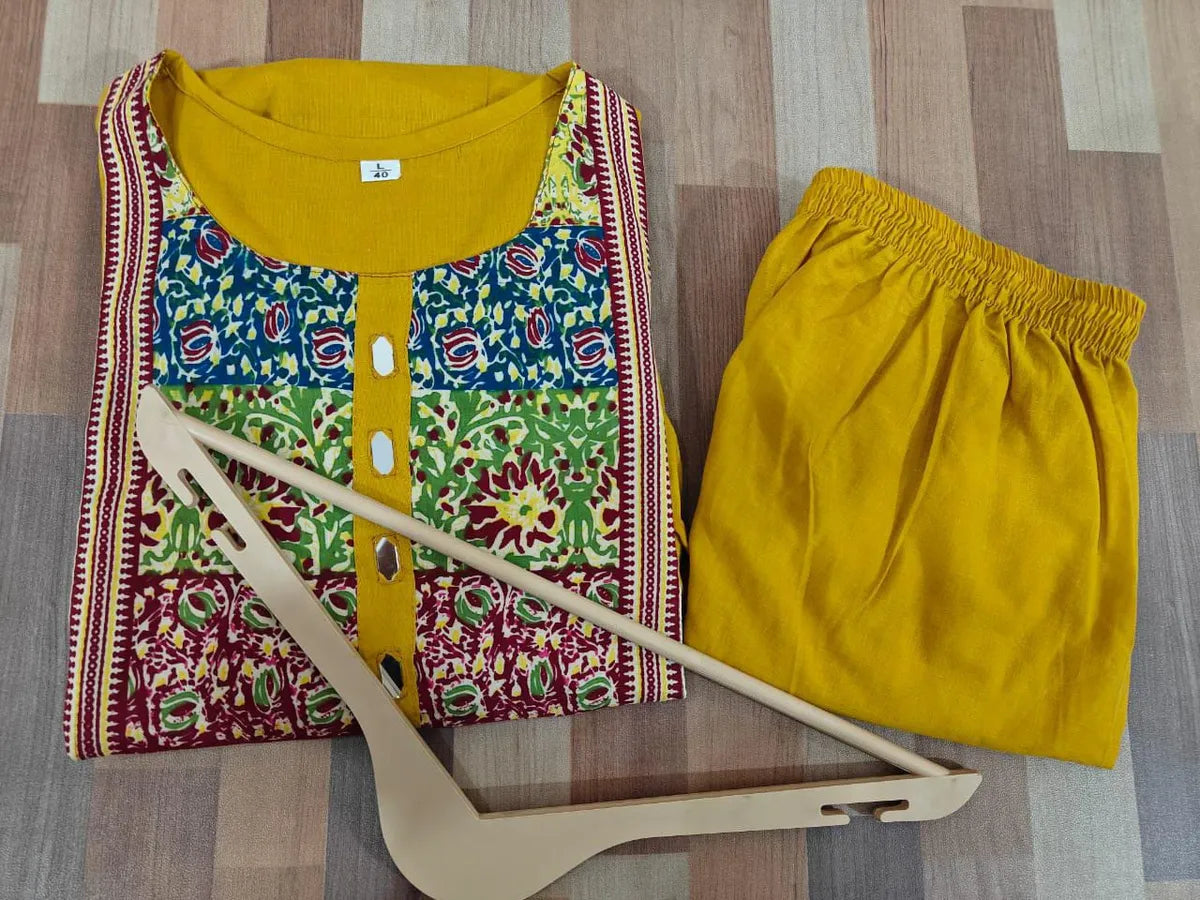 Women’s Mustard Yellow Cotton Anarkali Kurta with Embroidered Yoke