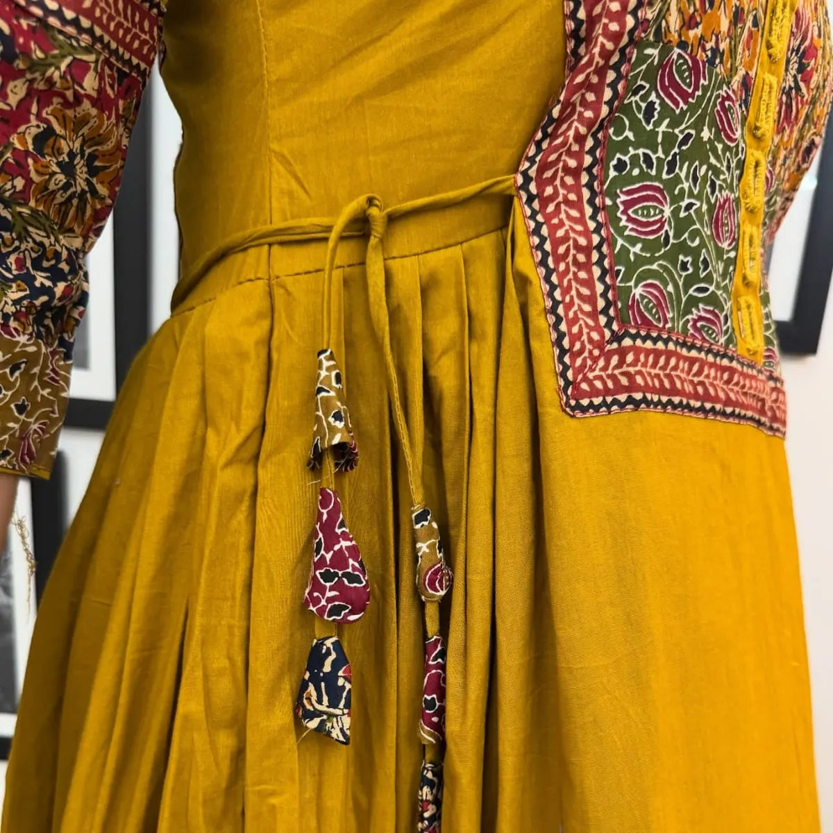 Women’s Mustard Yellow Cotton Anarkali Kurta with Embroidered Yoke