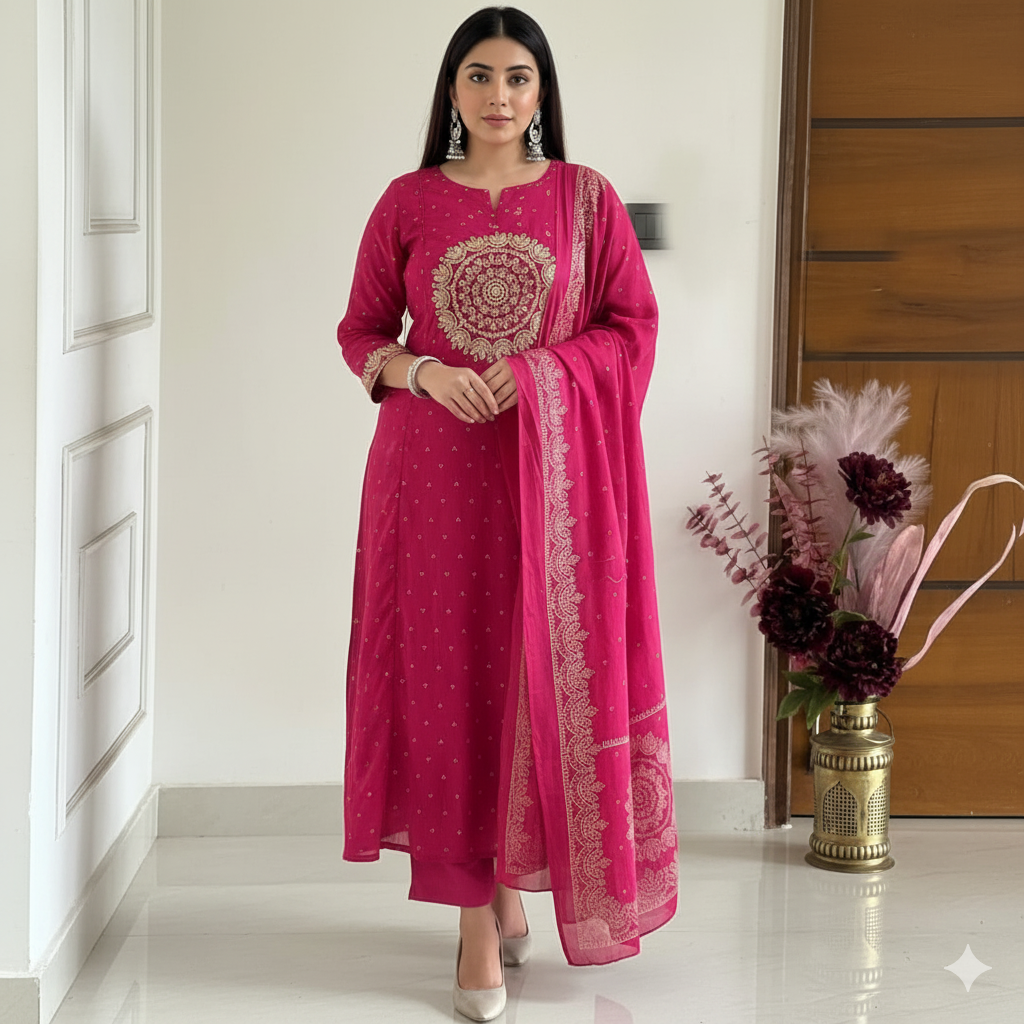 Pink Elegant A-Line Kurti with Embroidery & Dupatta