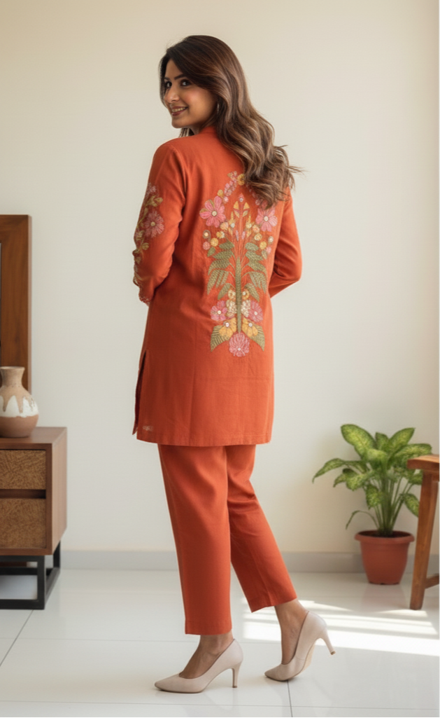 Rust Orange Co-ord Set with Subtle Embroidery Accents
