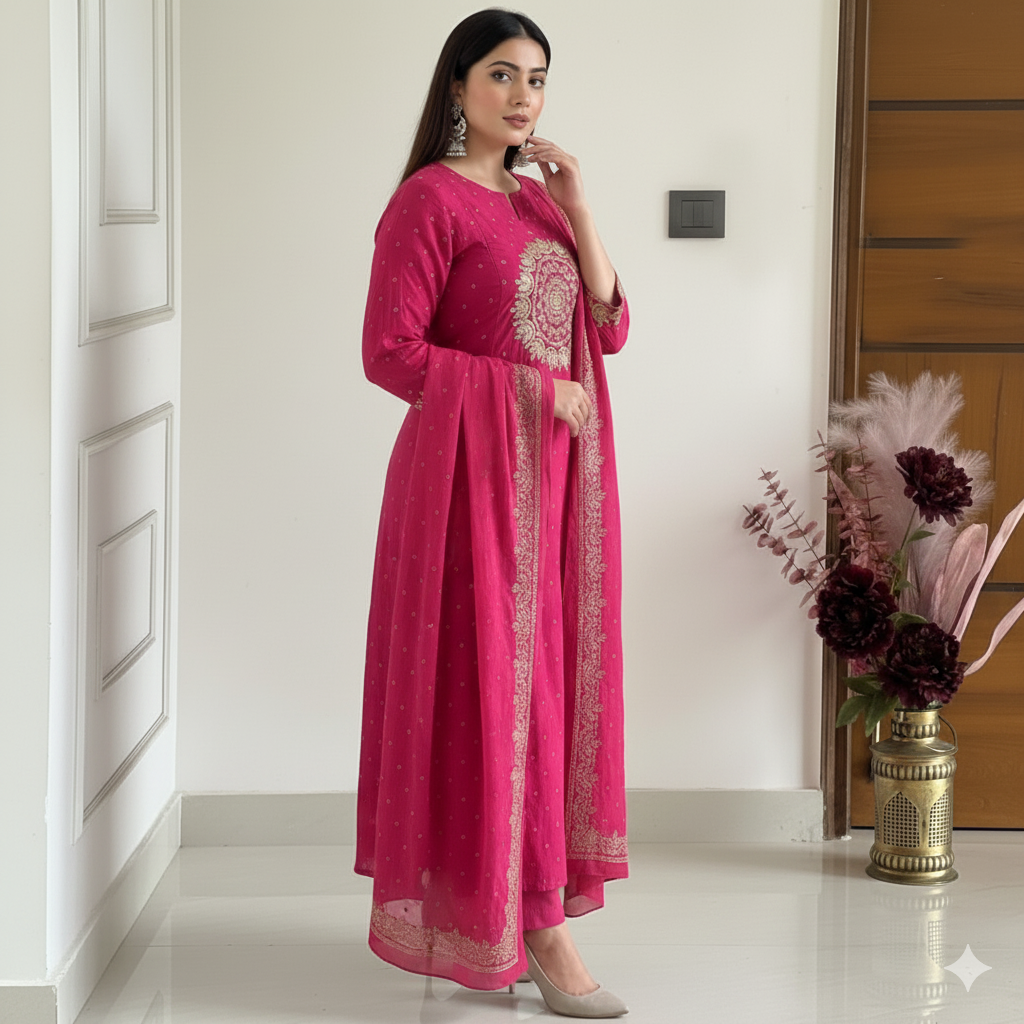 Pink Elegant A-Line Kurti with Embroidery & Dupatta