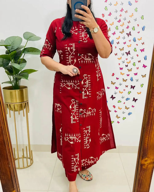 Jaipur Printed-Cotton-Red-Kurti-Plazo-Set