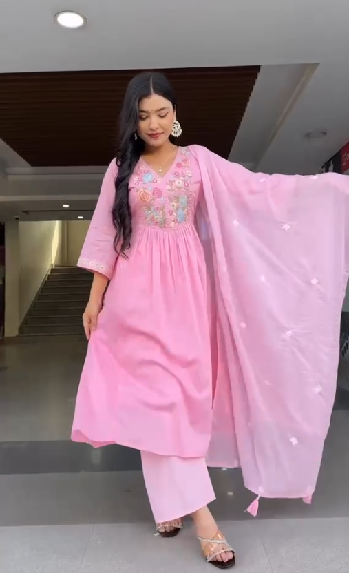 Light Pink Premium A-Line Kurti Pant Dupatta Set