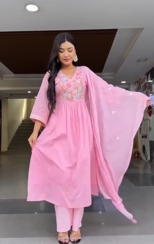 Light Pink Premium A-Line Kurti Pant Dupatta Set