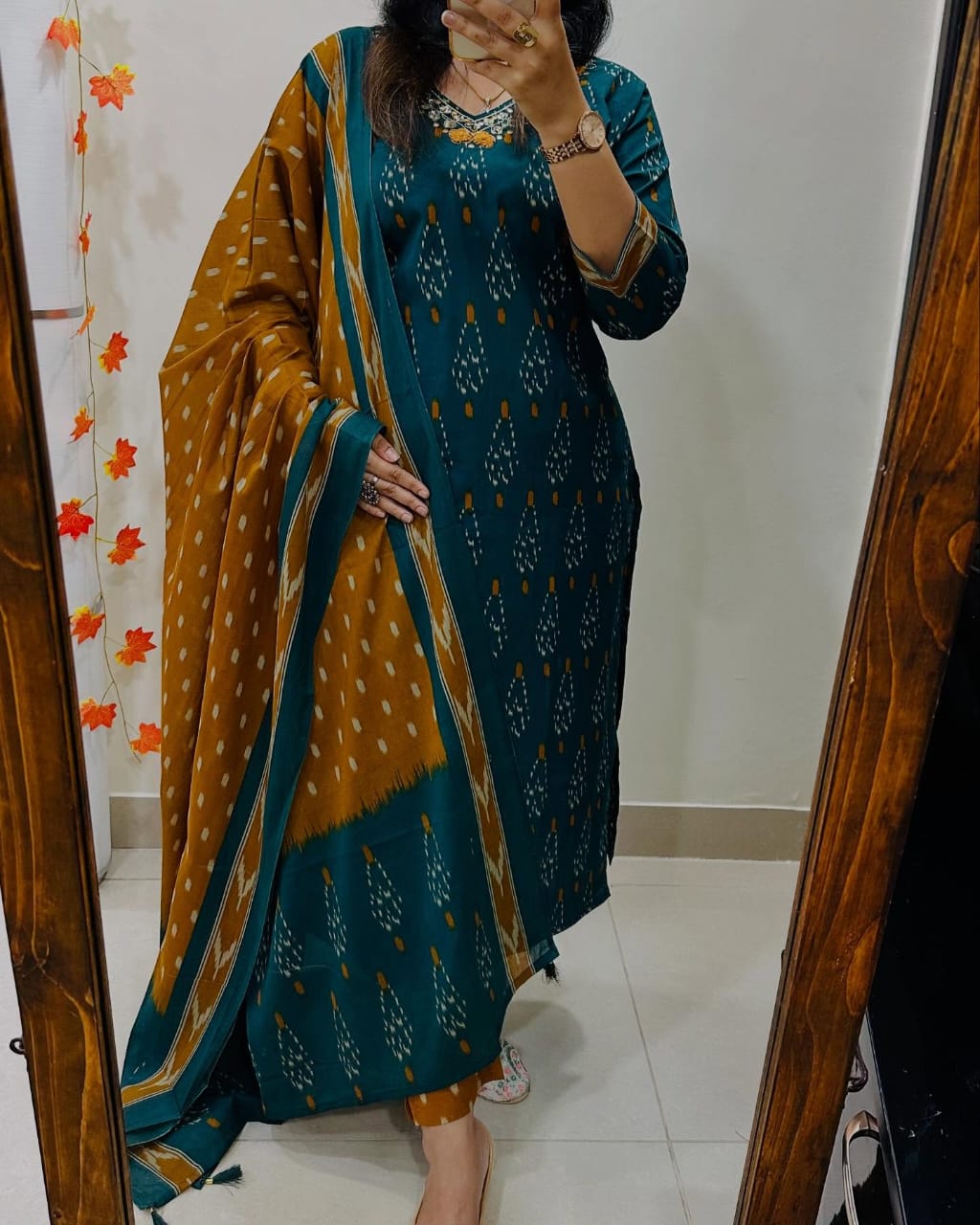 Teal and Mustard Ikat Print Cotton Kurta Set with Dupatta