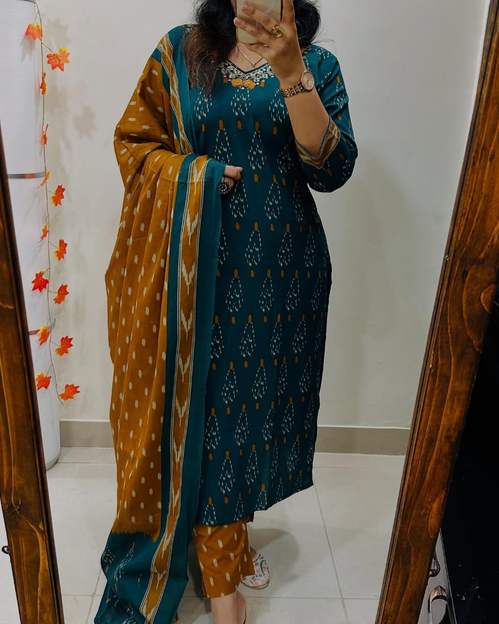 Teal and Mustard Ikat Print Cotton Kurta Set with Dupatta