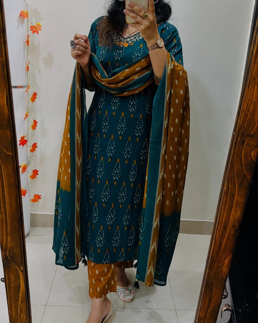 Teal and Mustard Ikat Print Cotton Kurta Set with Dupatta