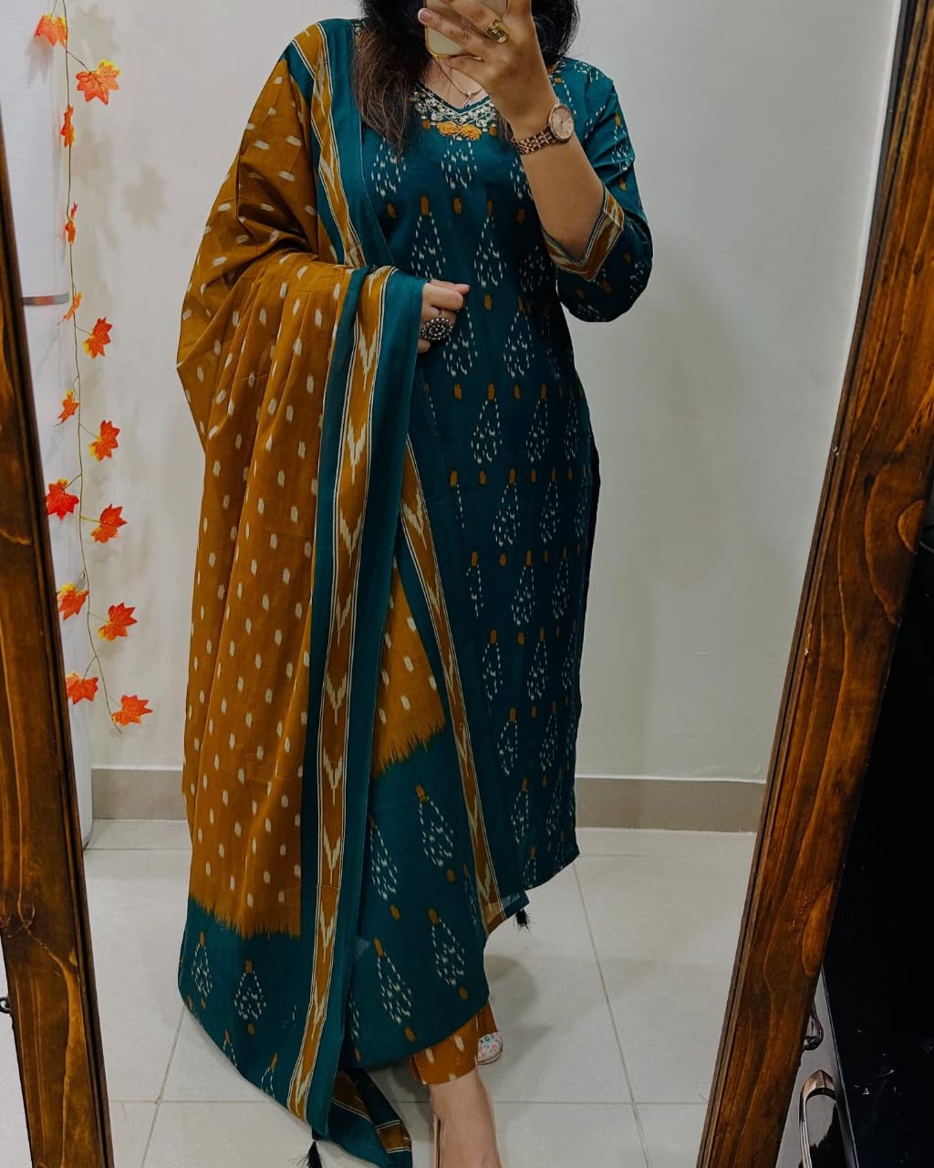Teal and Mustard Ikat Print Cotton Kurta Set with Dupatta