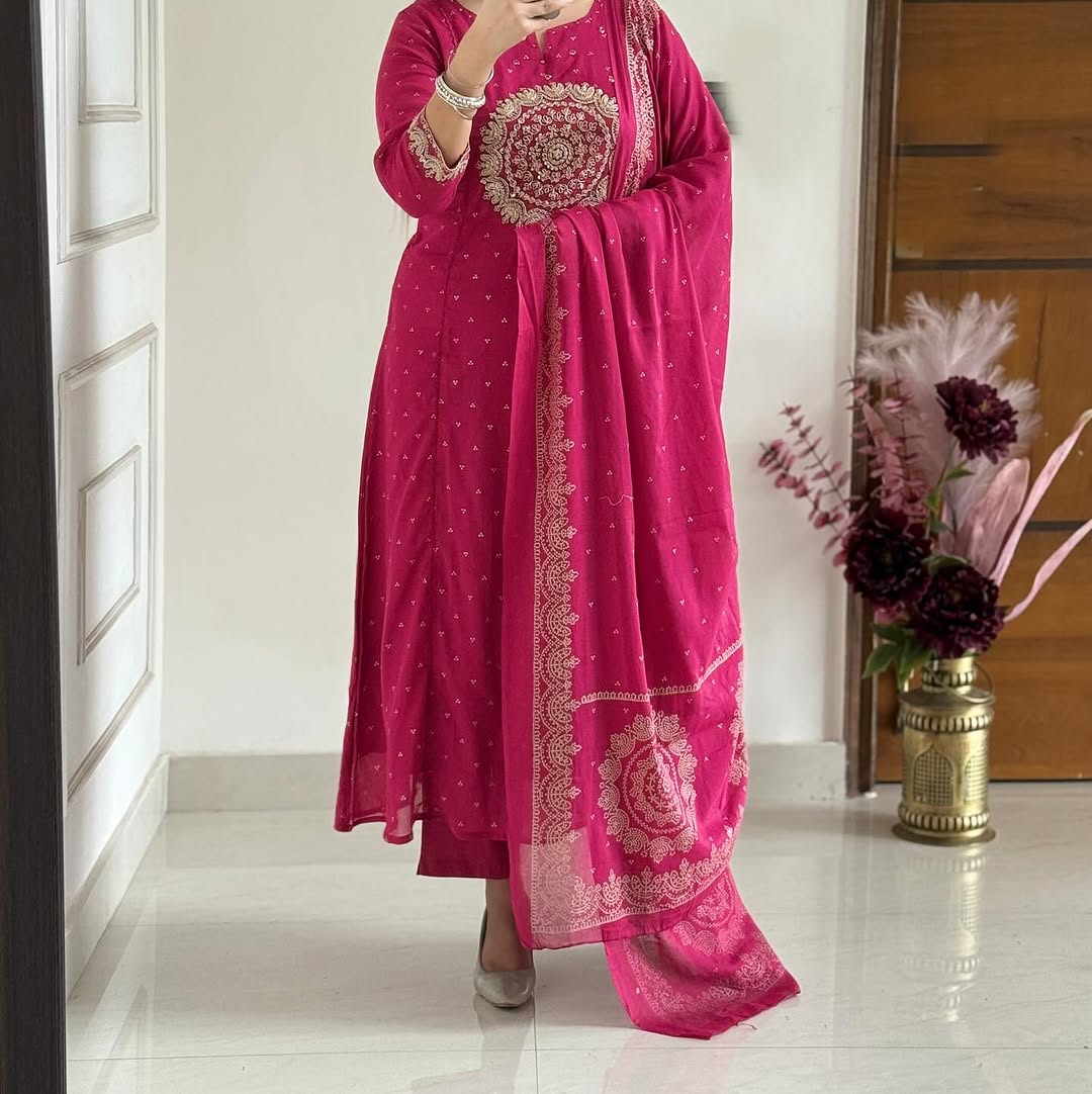 Pink Elegant A-Line Kurti with Embroidery & Dupatta
