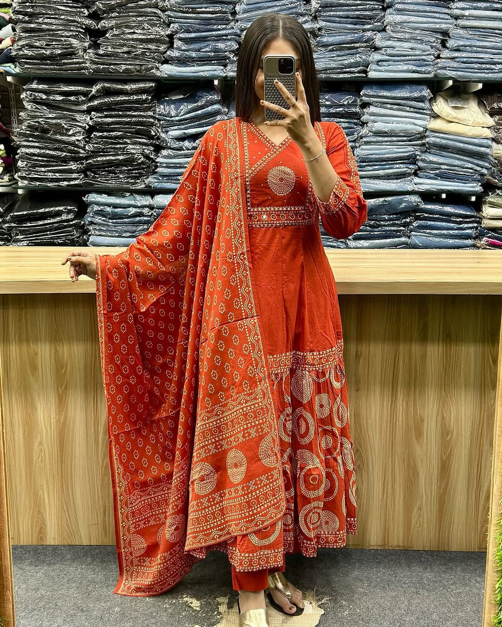 Orange Pure Malmal Cotton Bandhej Print Kurti