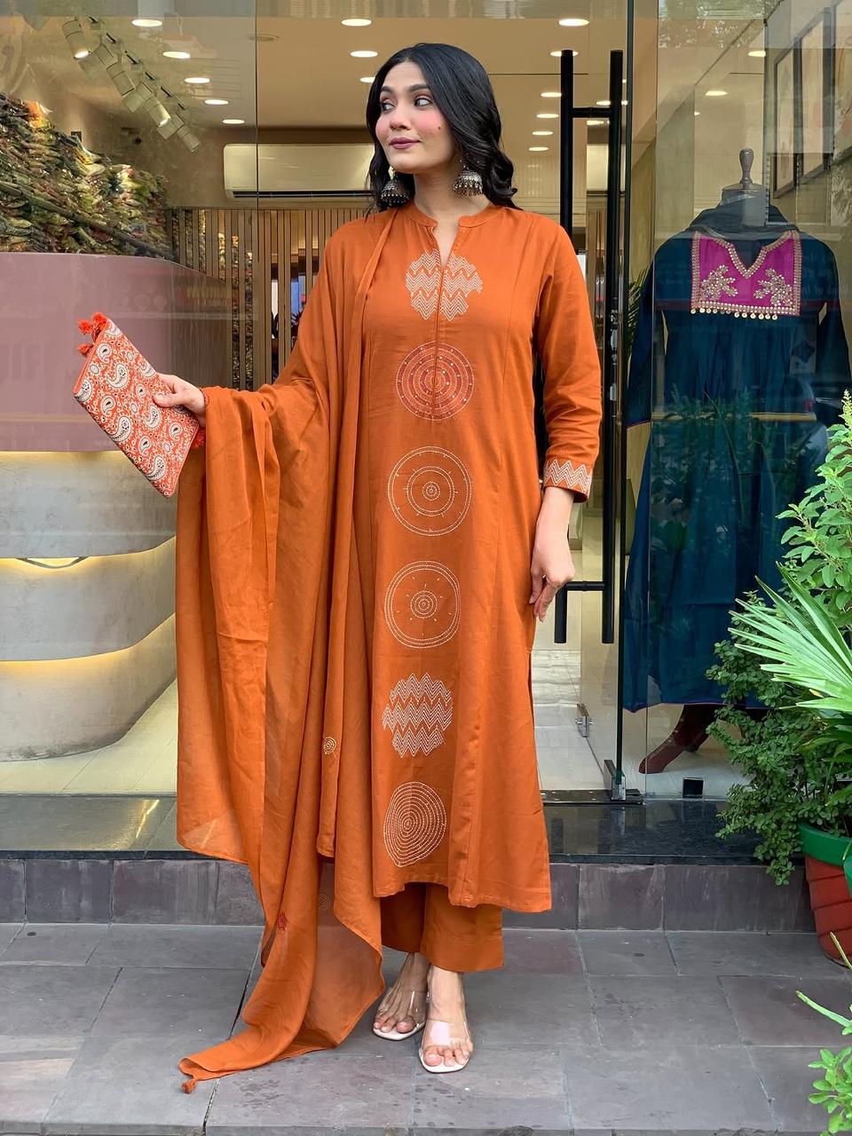 Rust Orange Embroidered Cotton Suit Set with Dupatta